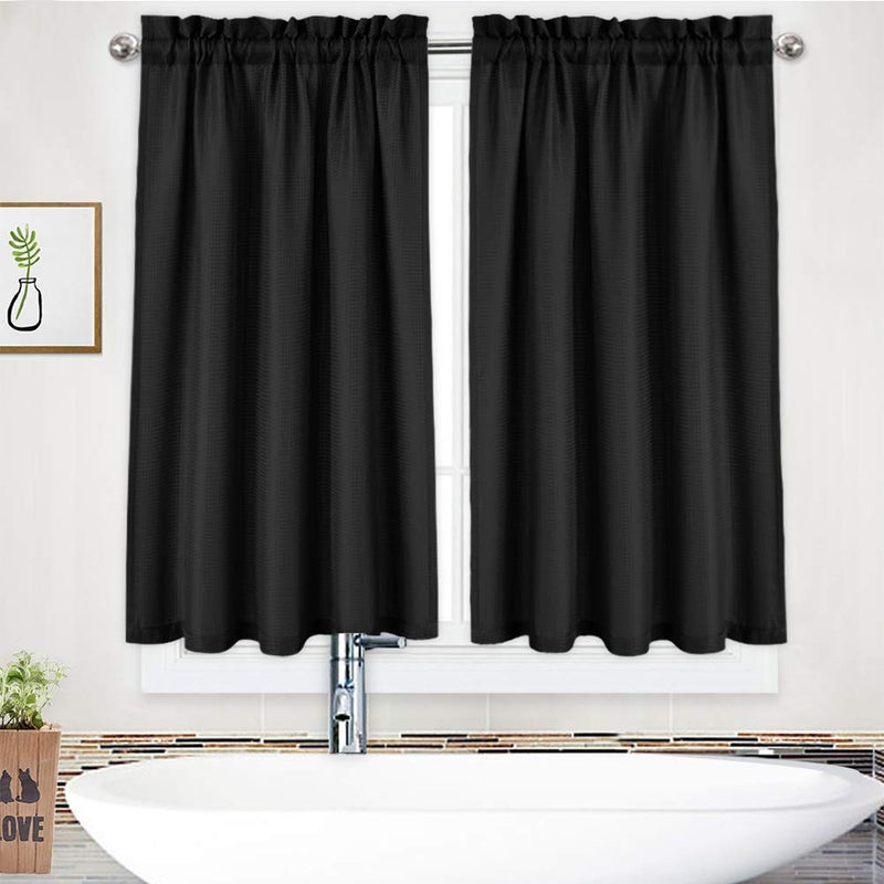 NANAN Kitchen Curtains 45 inch Long Casual Weave Small Window Curtain Kitchen Bathroom Basement Bedroom Drapes - 30" x 45", Black, Set of 2 - Image 1
